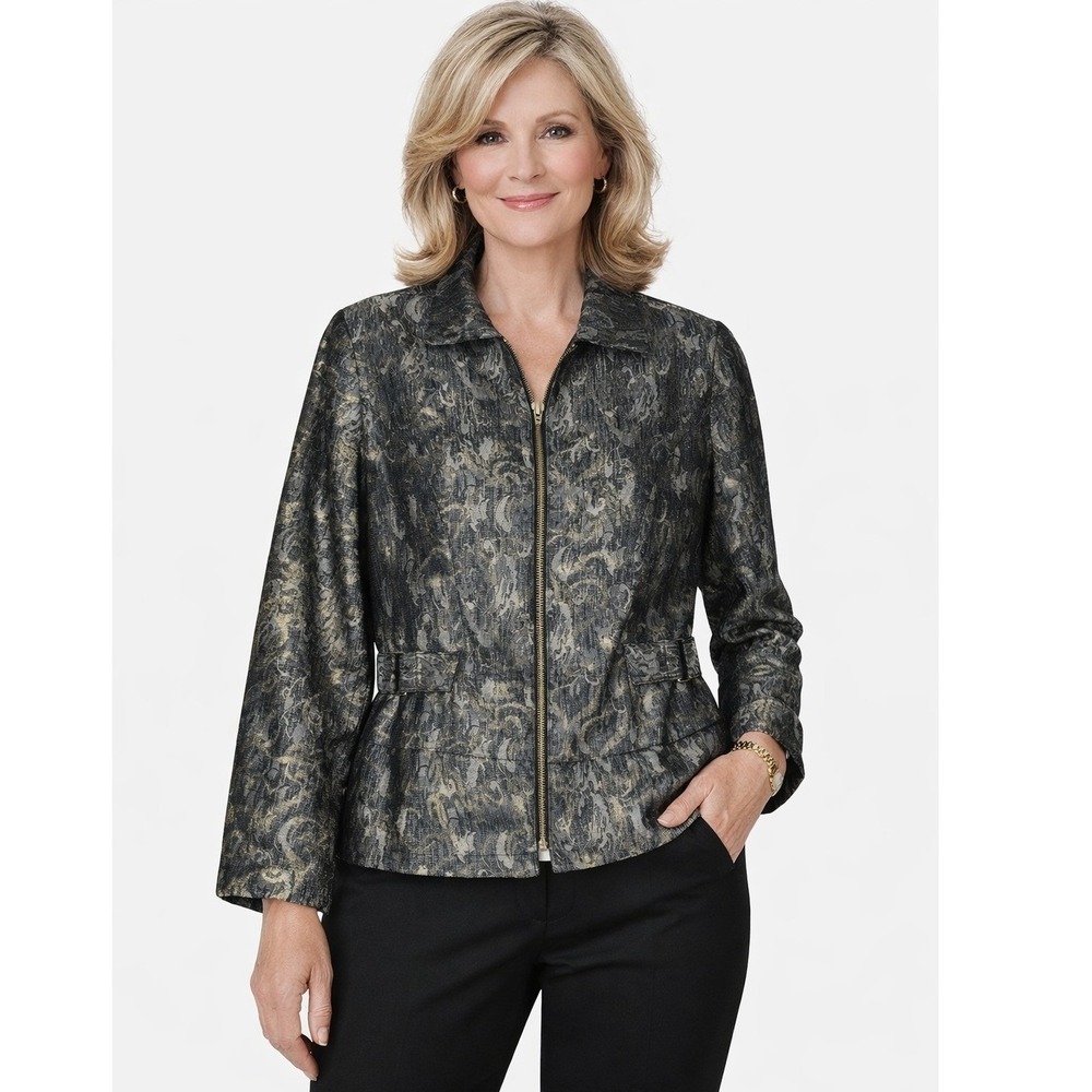 Chicos Metallic Blazer Womens Zip Front Jacket Side Buckle Size 0 S 4